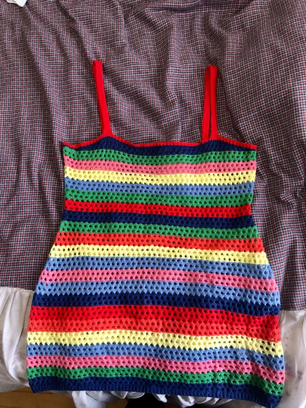 Boho Crochet Mini Dress Cover-Up Beach Size L Stripes Shein Colorful Summer - Picture 8 of 15